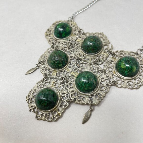 Vintage Boho Necklace Marked Jerusalem Green Natural‎ Funky Long Bib Silver-Tone - Picture 10 of 12